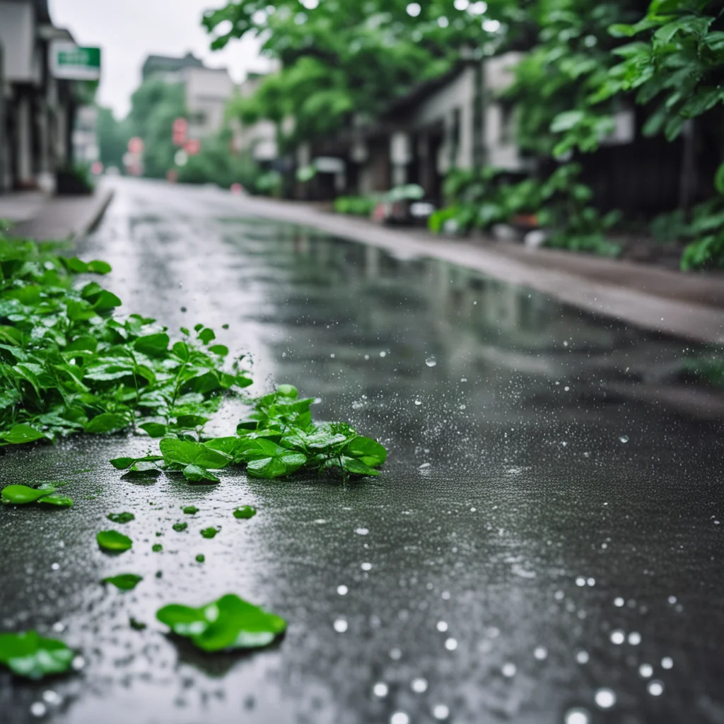80mm shot photography of a street in a drizzle and overcast day low deep green bush with clear and transparent drops of 
