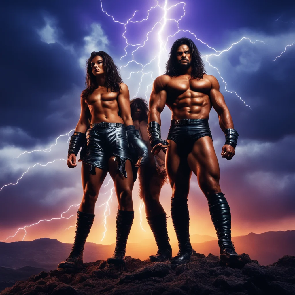 80s metal movie poster macho man standing on hill with woman by his feet he is muscular dark luminous lighting lightning