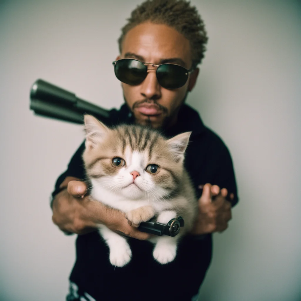90s rapper fisheye lens photoshoot of a man holding a scottish fold kitten like a pistol h 512 w 512