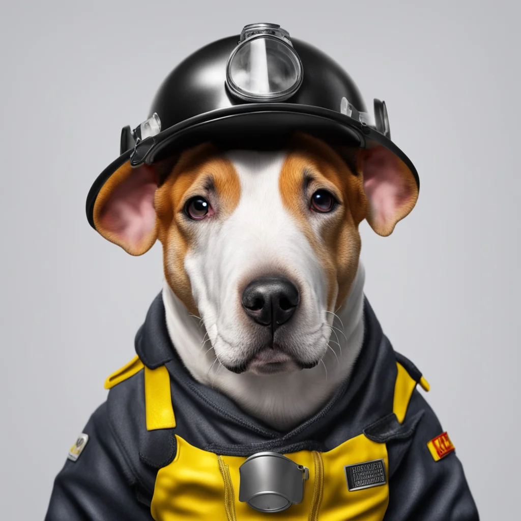 A Bull Terrier dog wears a firefighter helmet and clothes photorealism 4K instagram