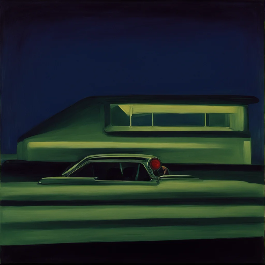 A Car driving at night Frontal View closeup of two people center of frame sitting inside the car Edward Hopper 