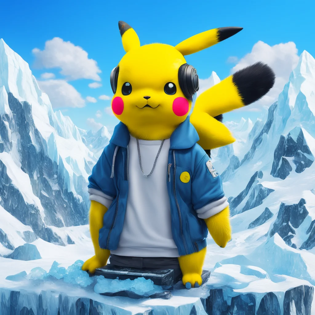 A DJ Headphoned Pikachu retro ice mountain background hyperrealism full body portrait Takeshi Oga Grandfailure Atey Ghai