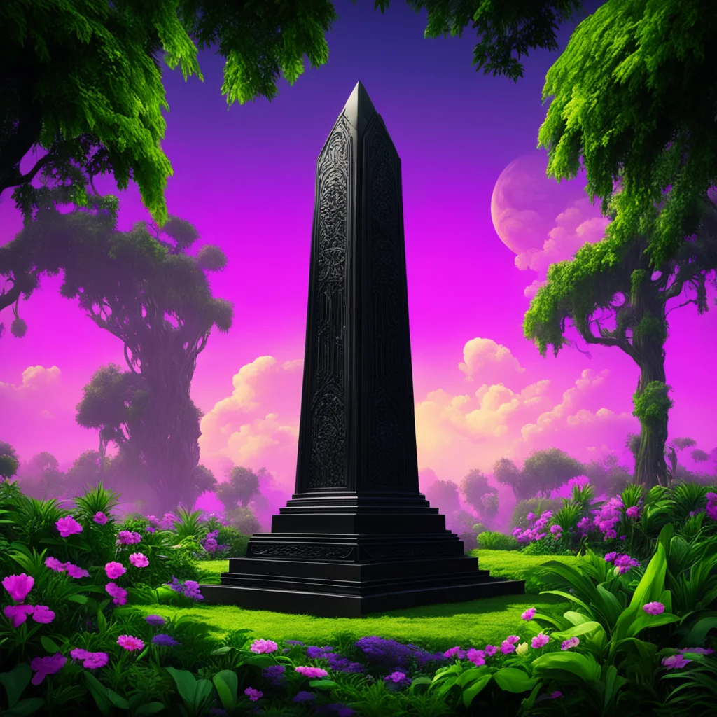A Dark Obeliskat the dawn of creation surrounded by lush garden of eden  style high tech by Marta de Andres ar 21