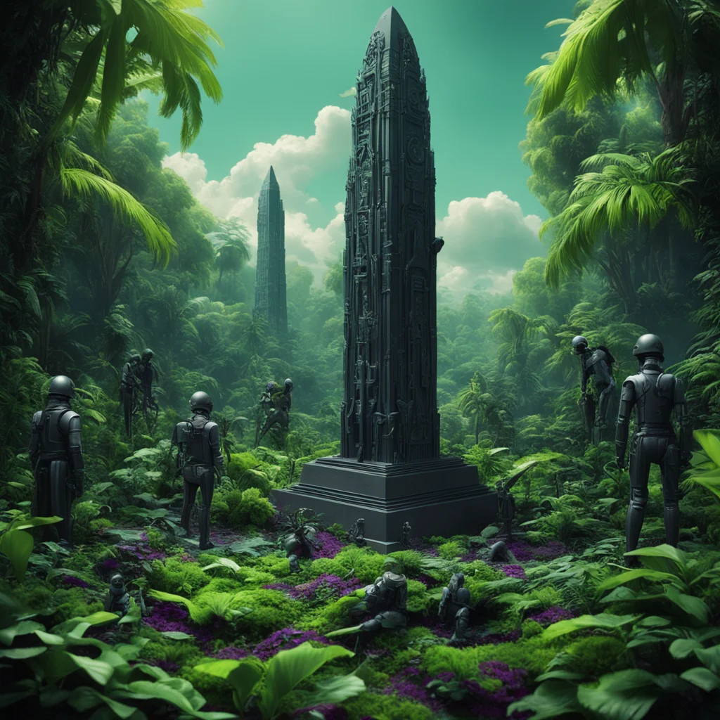 A Dark flat headed Obeliskat the dawn of creation surrounded by lush garden of eden  small sci fi army men investigating the scene  style high tech by Ma