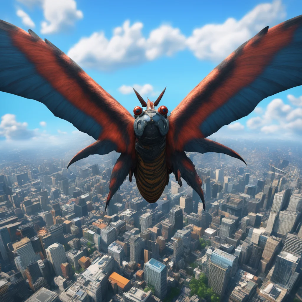 A Gigantic Mothra flying above Washington city ants eye view thunder effect 4K Unreal Engine TOHO Tsuburaya Productions 