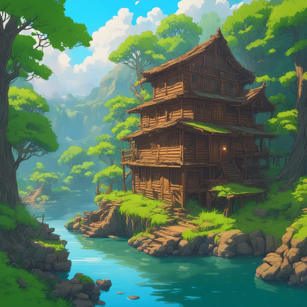 A Huge Old stack of wood cabins next to a river by Miyazaki by Vincent Di Fate Nausicaa Ghibli Breath of The Wild epic c
