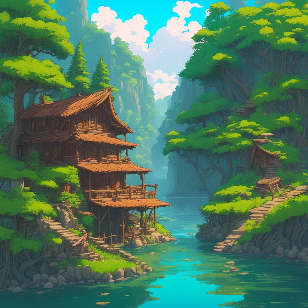 A Huge Old stack of wood cabins next to a river by Miyazaki by Vincent Di Fate Nausicaa Ghibli Breath of The Wild epic composition trending on artstation