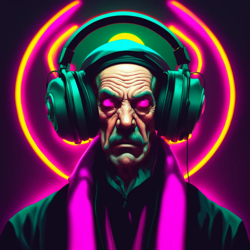 A Jiangshi wears big headphones neon dancing hall moody hyperrealism head portrait Mike Mignola Andrei Riabovitchev Bruc