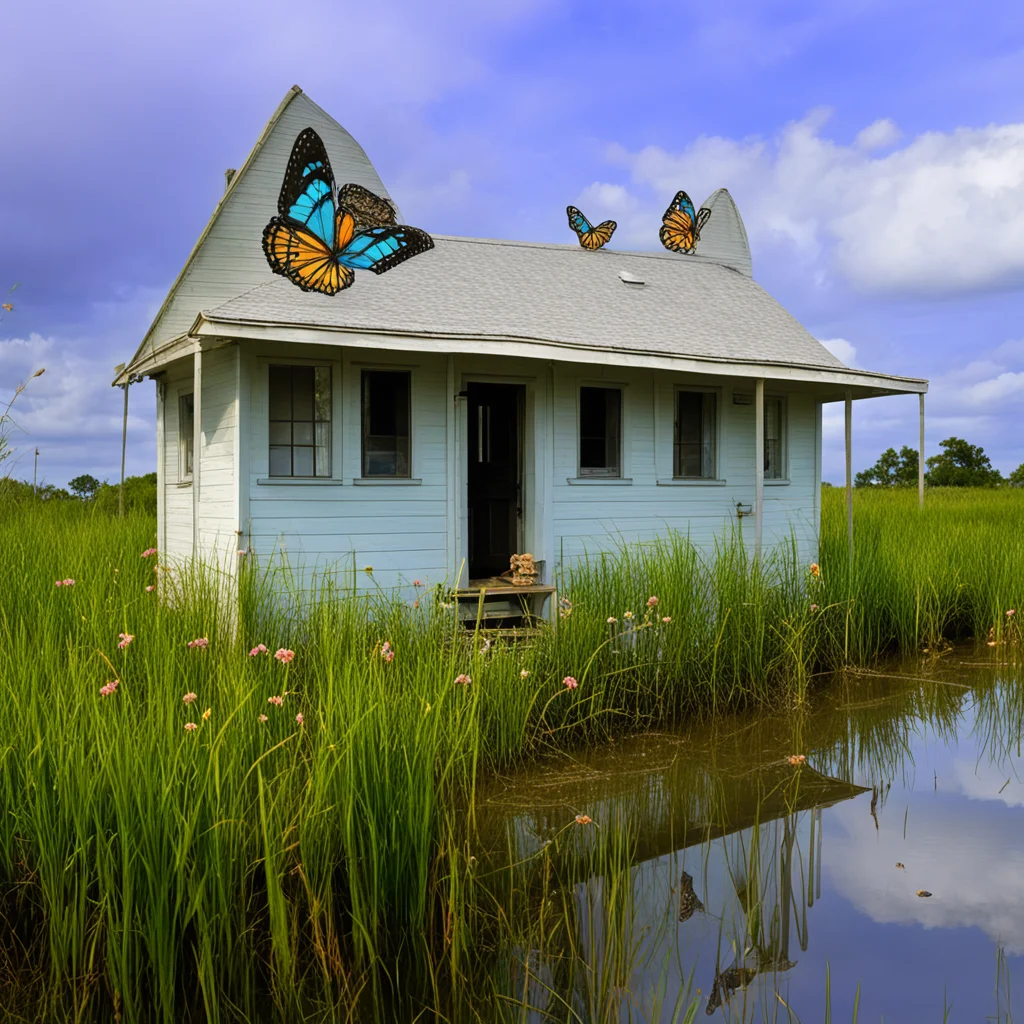 A Louisiana Creole shotgun house resembling gulf coast butterflies integrated in the marshland on a barrier island ar 11