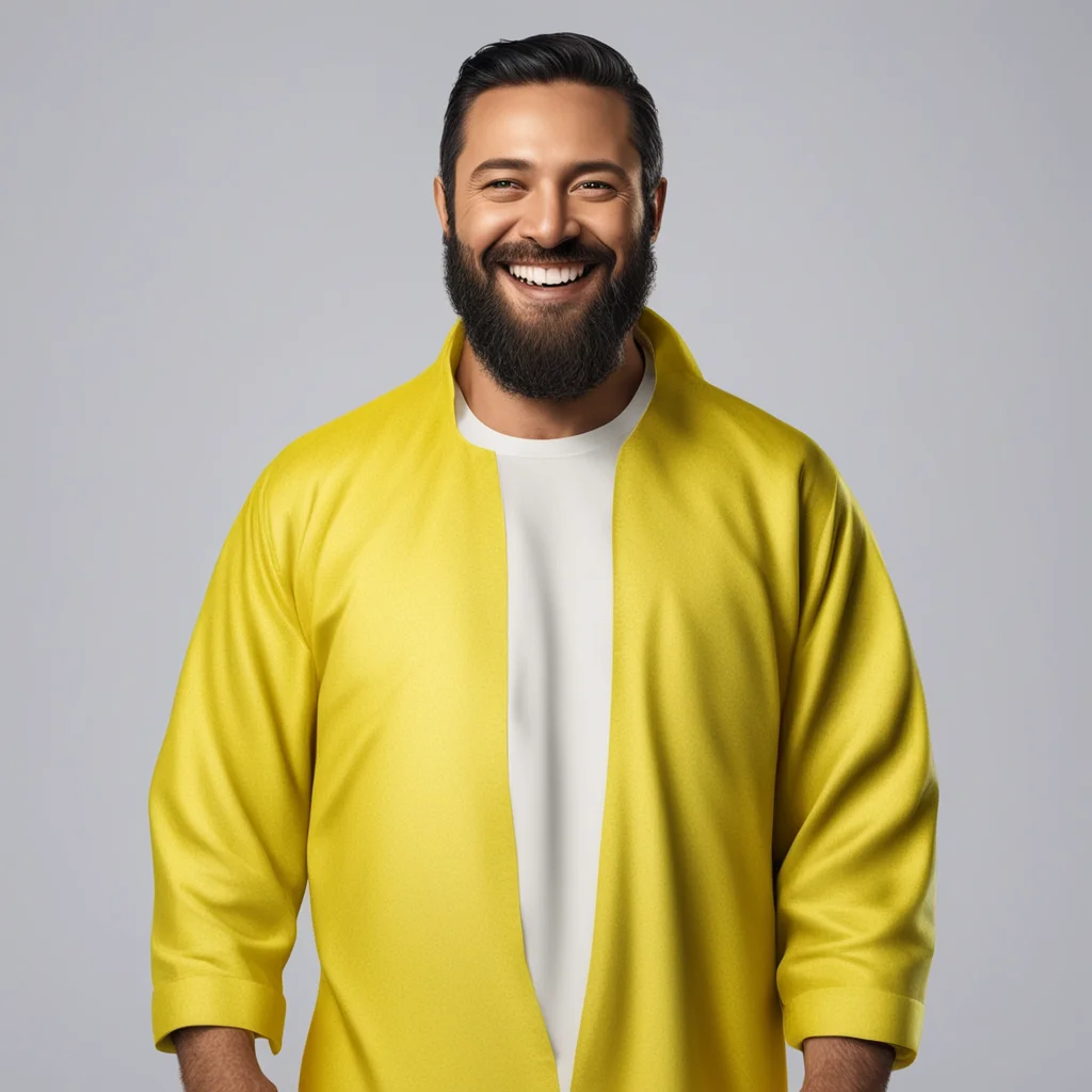 A Muslim with a beard in yellow pyjamas and a surfboard and a big smile photorealistic