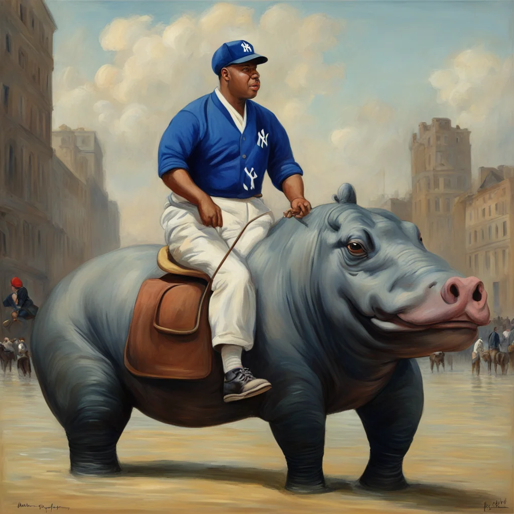 A New York yankee riding a hippo with braces in the style of Vermeer