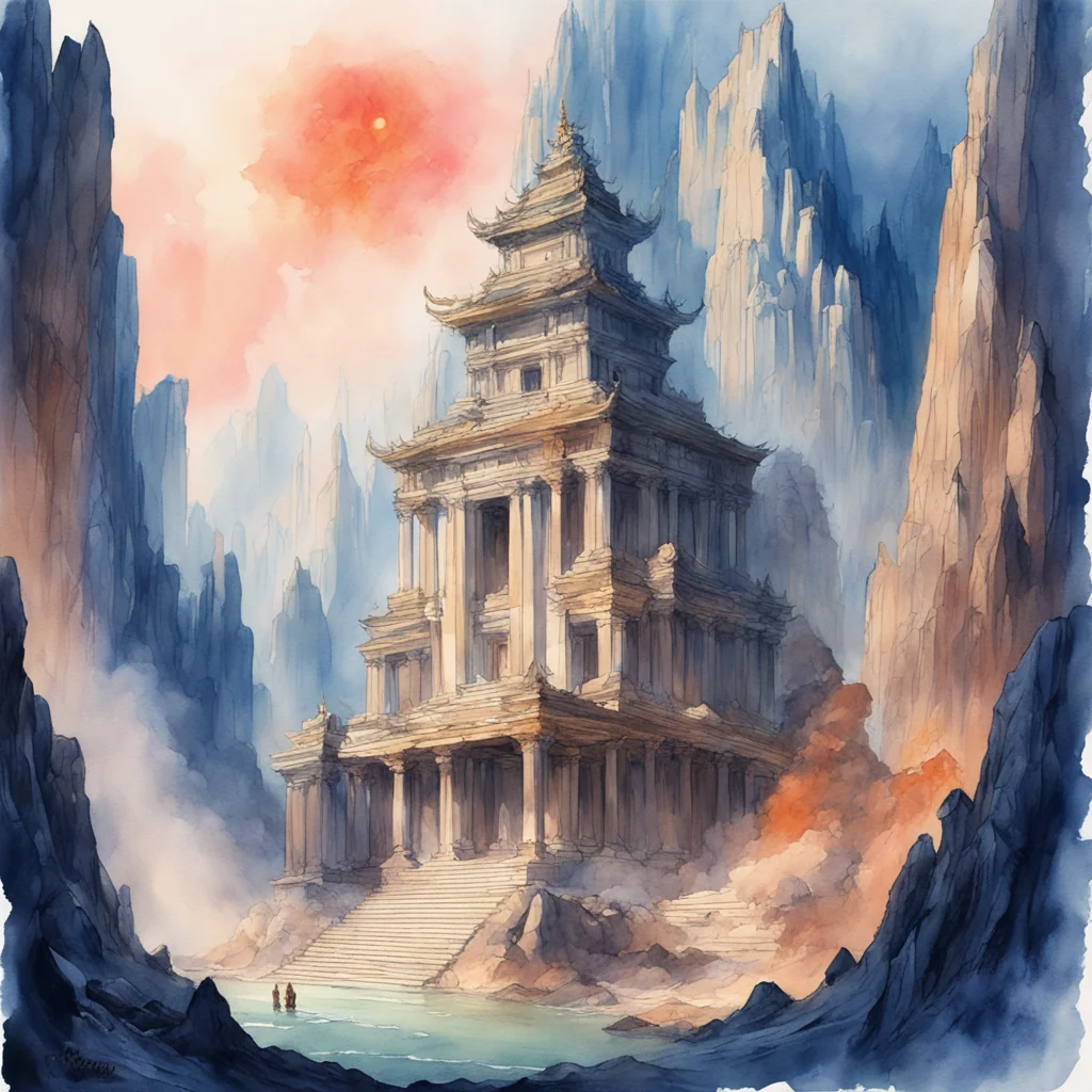 A WATERCOLOR PAINTING OF an ancient temple in a mountain ross tran nephilim pyroclastic flow ethereal fantasy James Jean