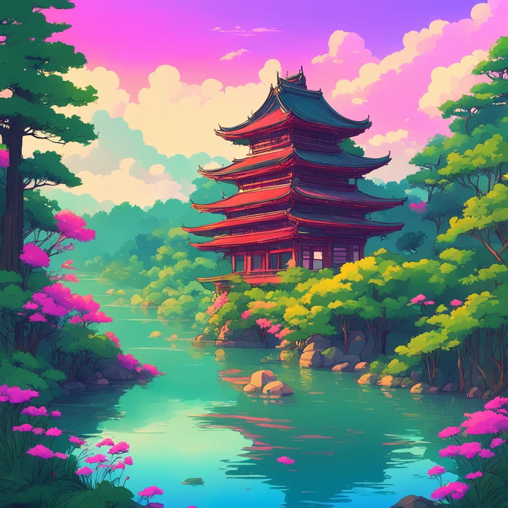 A beautiful illustration the lake is surrounded by forest there is a Chinese style building in the middle full of greene