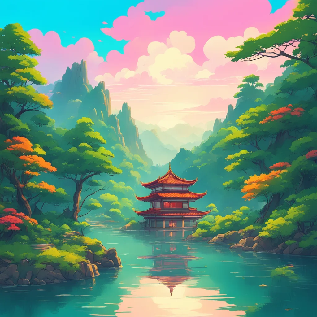 A beautiful illustration the lake is surrounded by forest there is a Chinese temple in the middle of the lake full of greenery rolling hills rolling colorf