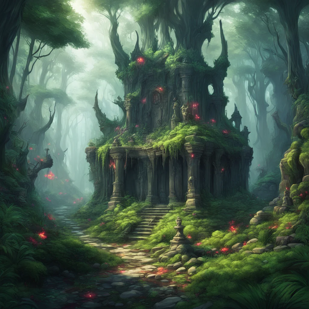 A beautiful mysterious forest with prismatic statues and surreal objects lying around it plus there is a beautiful breat