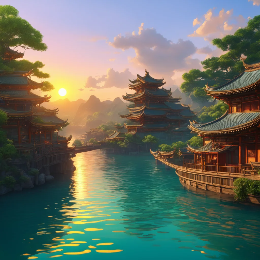 A beautiful painting of The sun shines brightly A Chinese dragon flying over the ocean Ancient Chinese style town on the