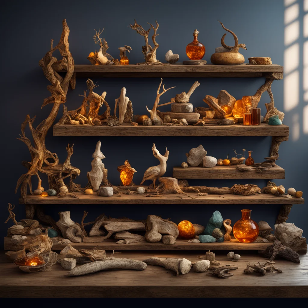 A beautiful photo of a collection of ancient treasures log shelves with bird specimens snake skeletons various minerals 