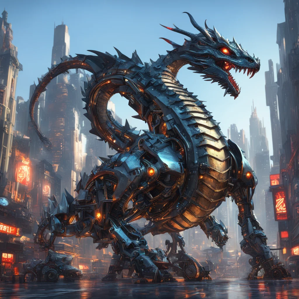 A beautiful pianting of a mechanical dragon in a mechanized steel high tech city fantansy style UE4 UHD super wideby gre
