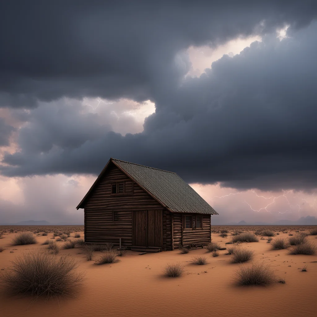 A beautiful render of a lonely very small cabin in a vast desert at dawn the sky has a deep storm and a tornado unbeliev