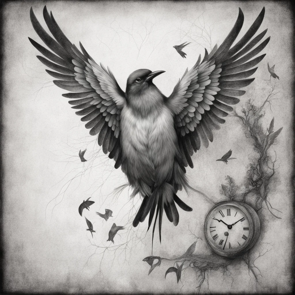 A bird breaking free from cuckoo clock grayscale graphite and charcoals gritty
