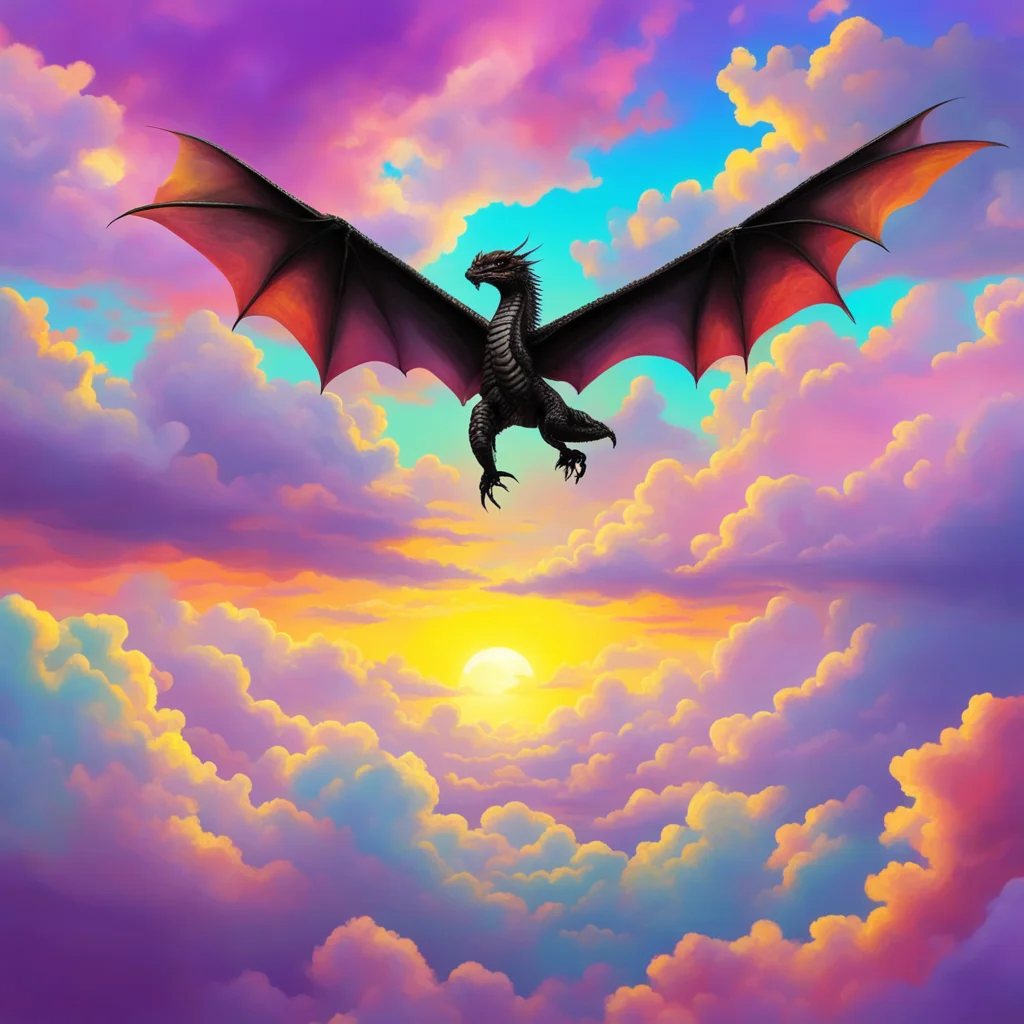 A black western dragon flies among colorful clouds