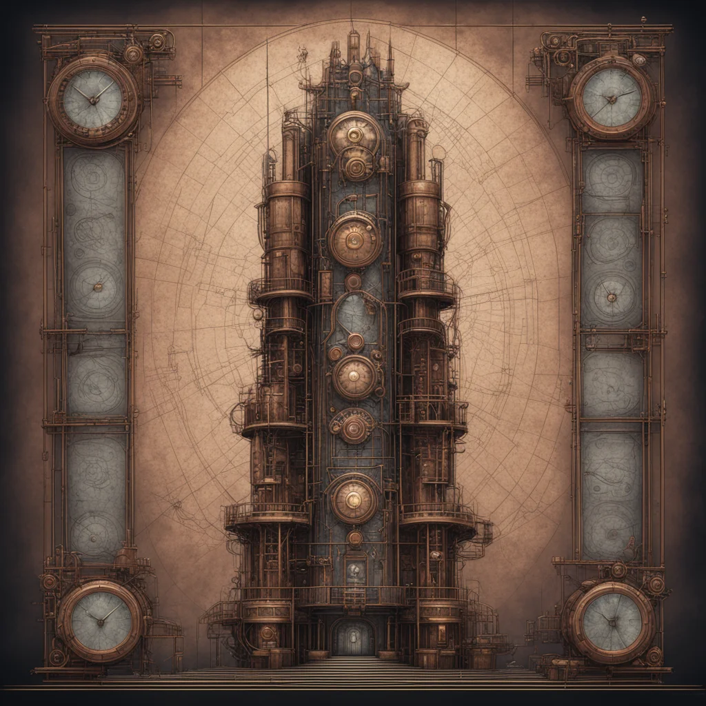 A blueprint of Steampunk style Tower in the middle of the image copper wall black metal foil symmetricalBilateral symmet