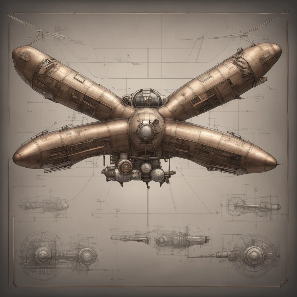 A blueprint of one Steampunk style propeller aircraft with future outline and aerodynamic nose streamlined shape in the 