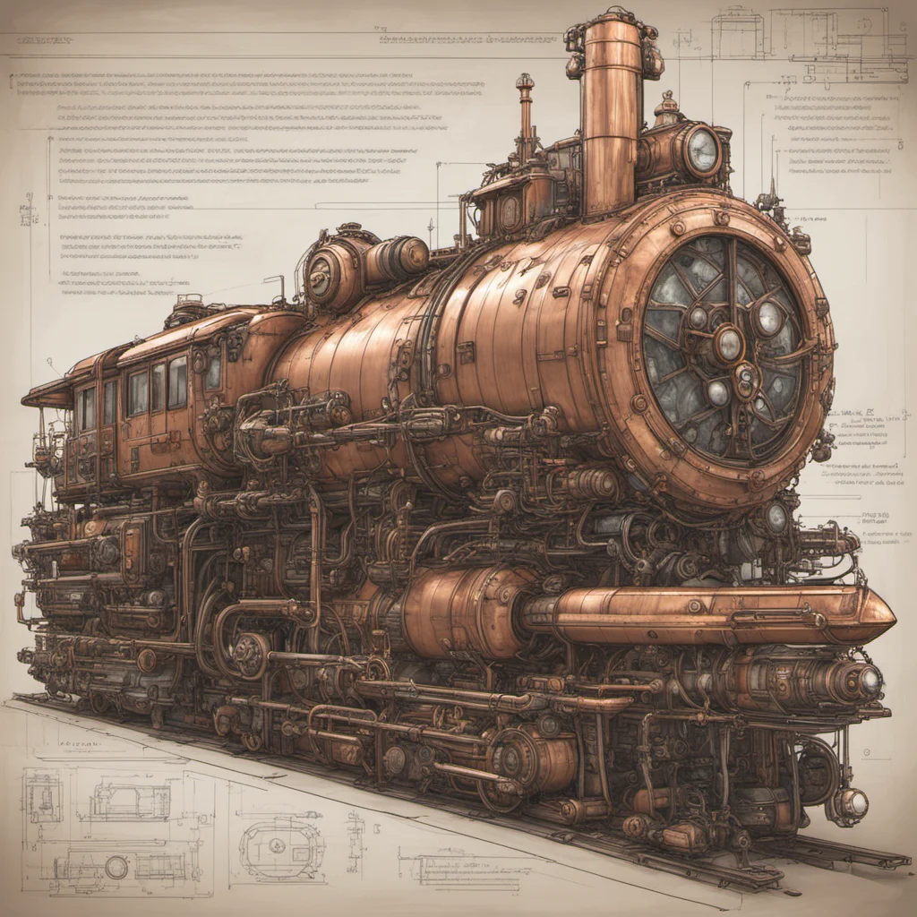 A blueprint of one Steampunk styletrains with future outline and aerodynamic nose streamlined shape in the middle of the imagecopper wall black metal fo