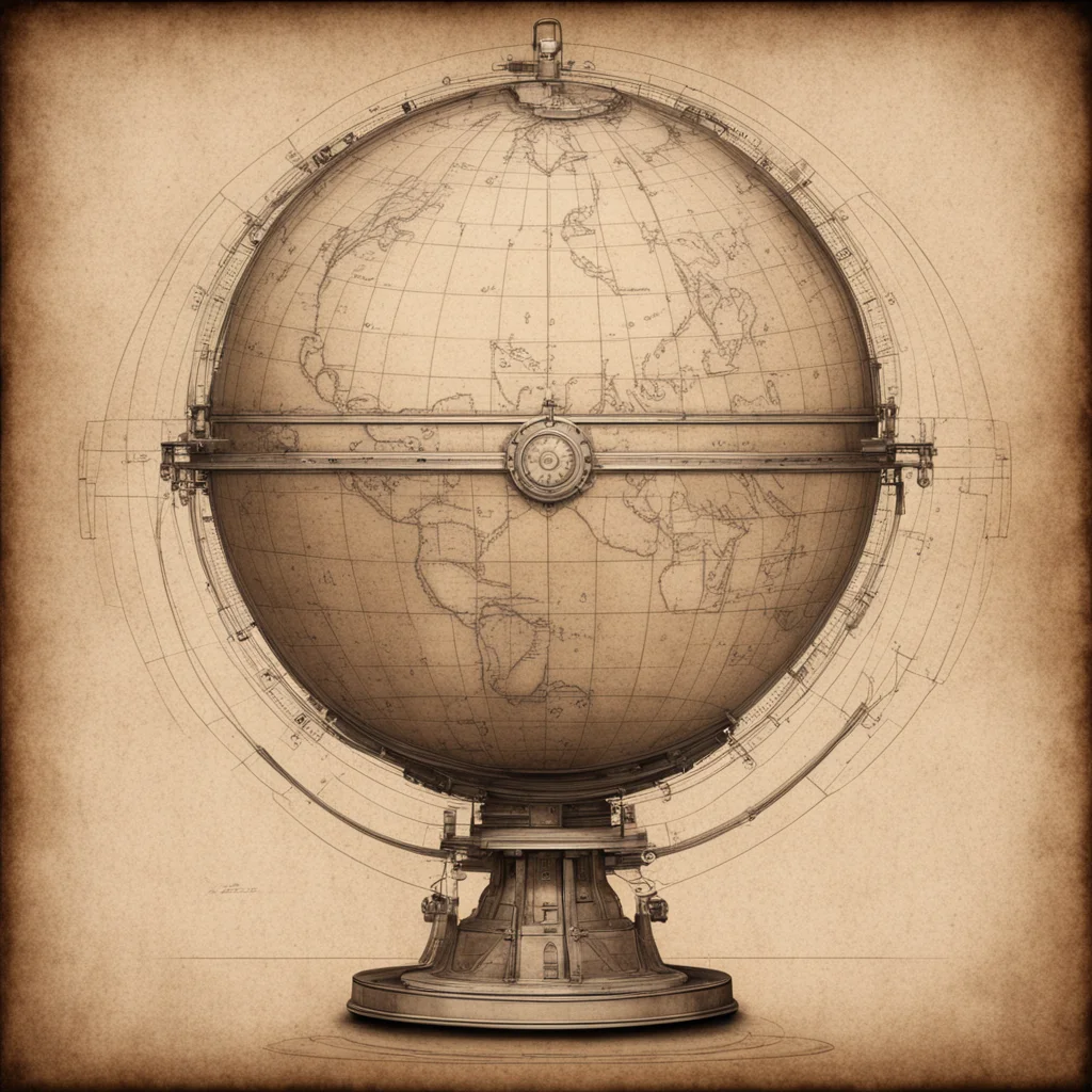 A blueprint of steampunk style Antique globefully displayed Wooden base prop design Heavy machine armorMedieval Style Wo