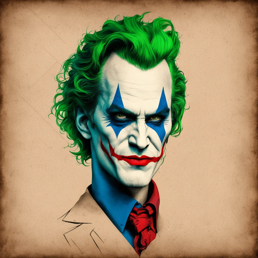 A blueprint of steampunk style Joker of Joaquin PhoenixCharacter design Green hairBlue rhombus pattern around the eyes R