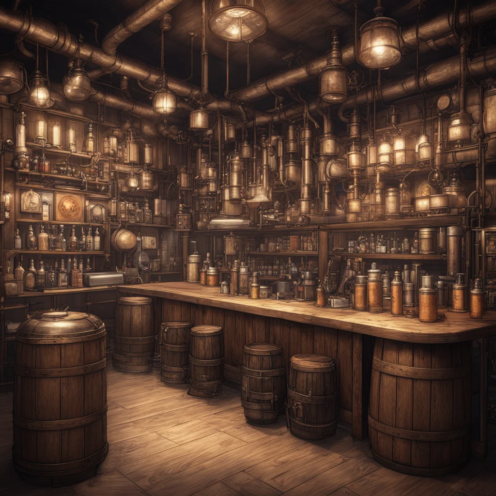 A blueprint of steampunk style interior of baroverview environmentdesignBeer and vintage brewing equipment wooden barrel