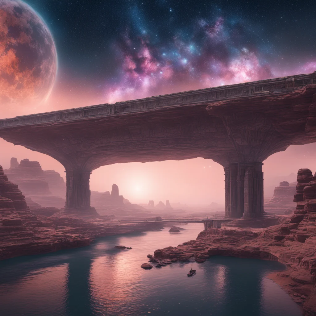 A bridge A dam in the nebula an ancient city petra city space battleship 4k octane render detailed hyper realistic cinem