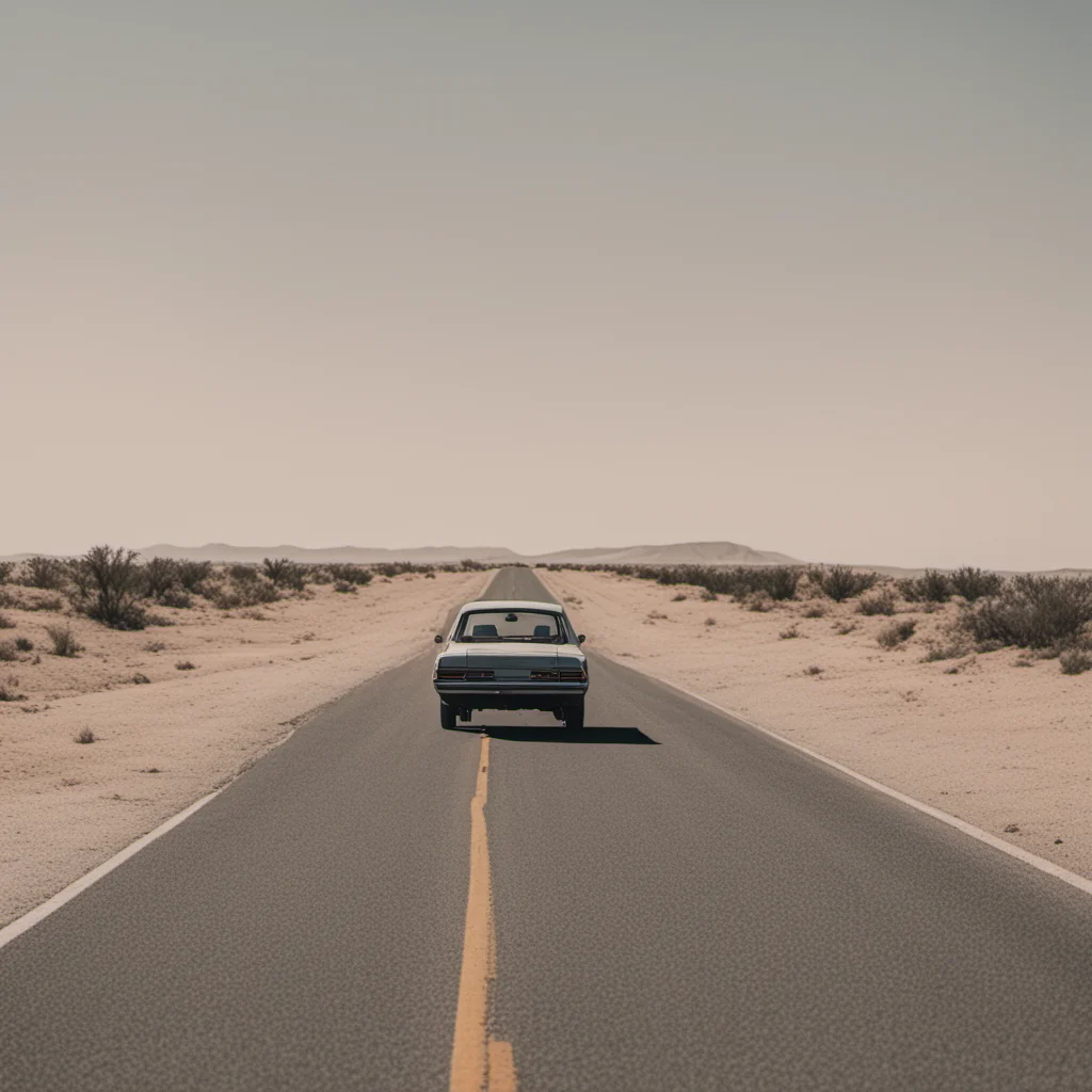 A broken down car in the middle of a desert highway