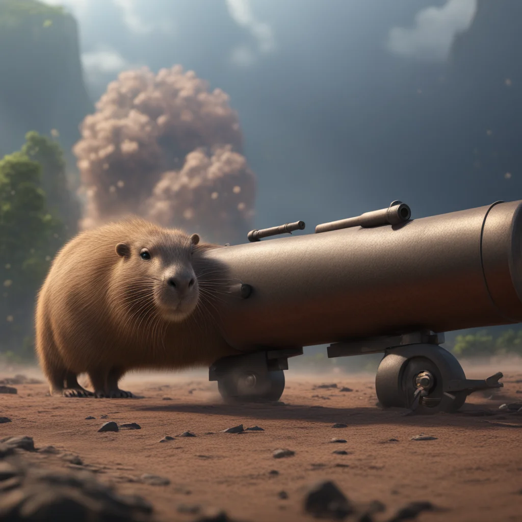 A capybara shooting a big cannon super realistic atmospheric volumetric lighting cinematic Pixar 3d Disney detailed matt