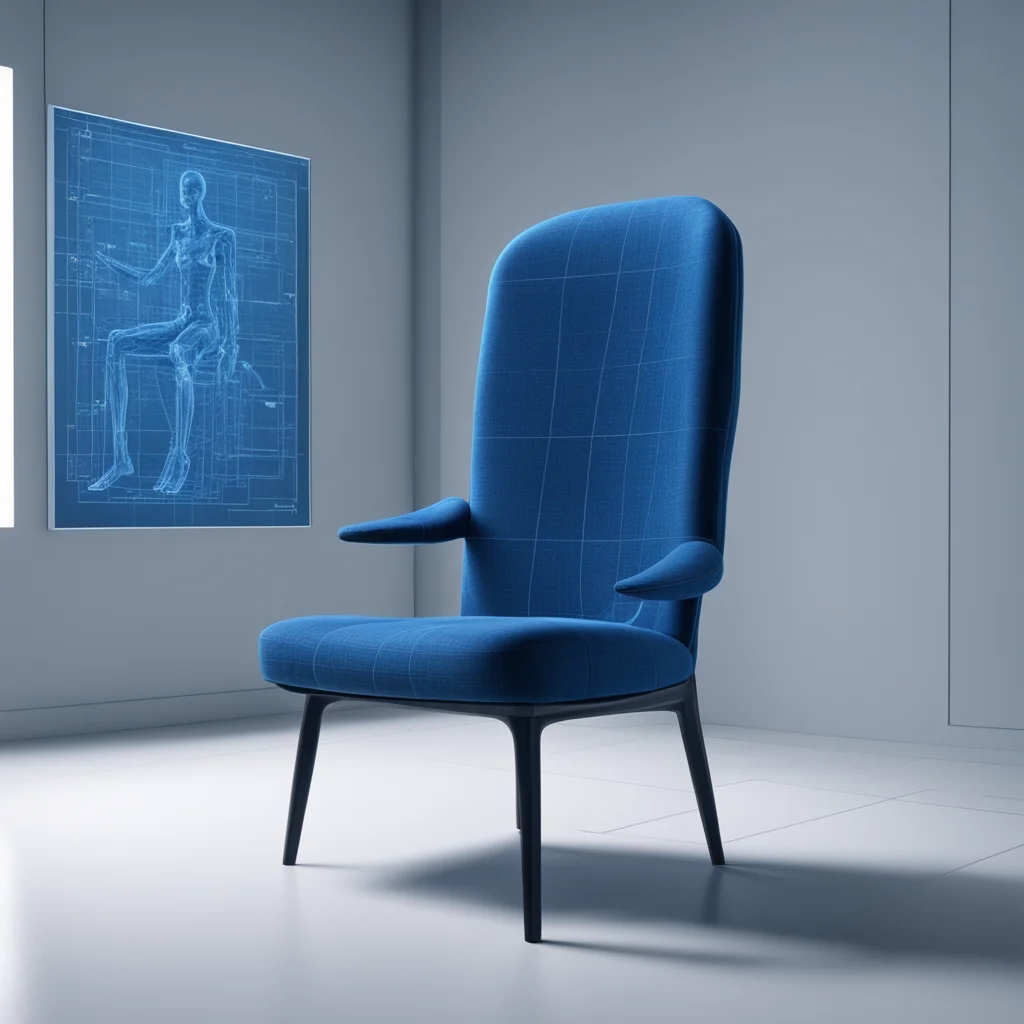 A chair on a clear screen combined with a full blueprint of human morphing 8k vivid octane rendering