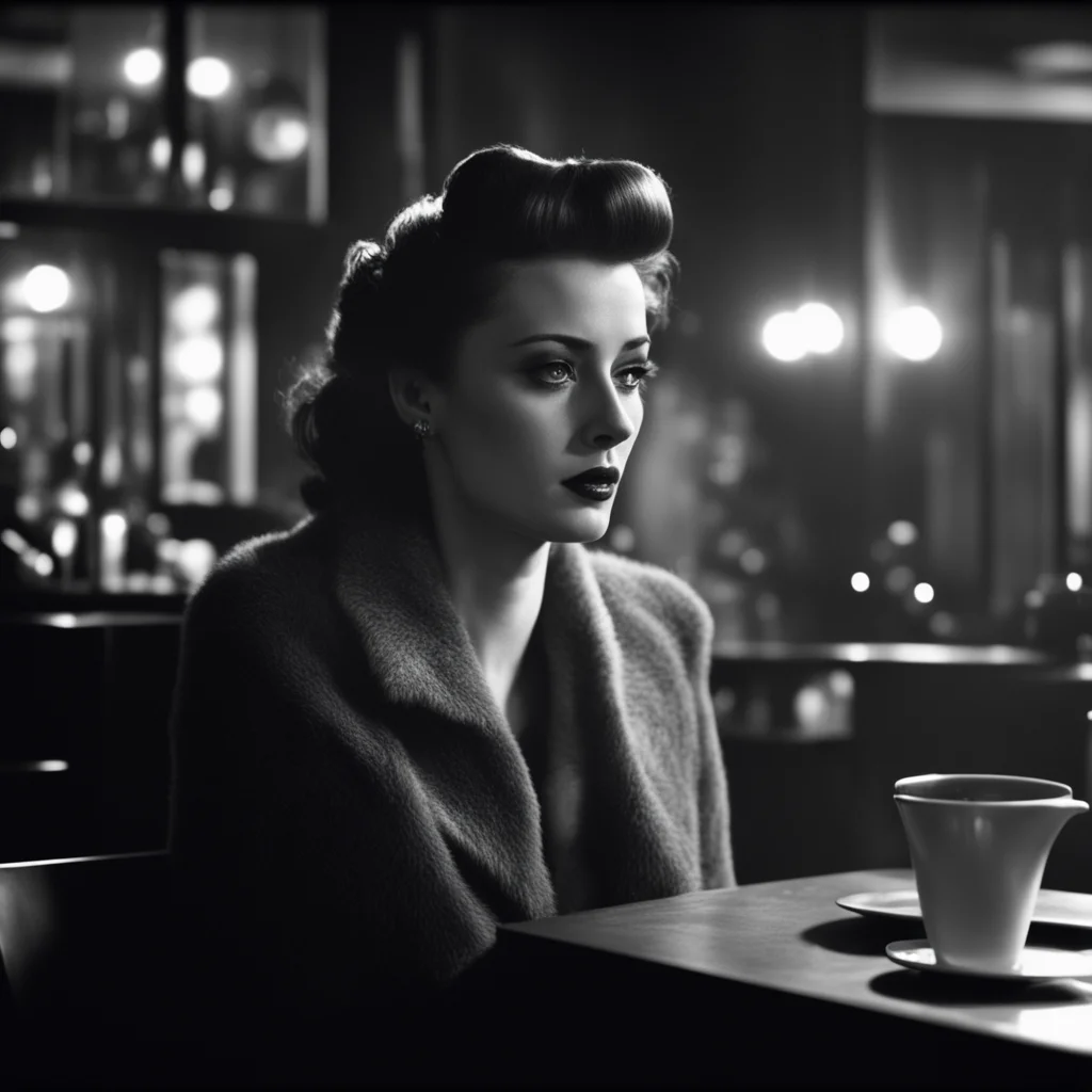 A cinematic still of a somber woman in smoky café in the style of film noir 1950s h 512 w 512