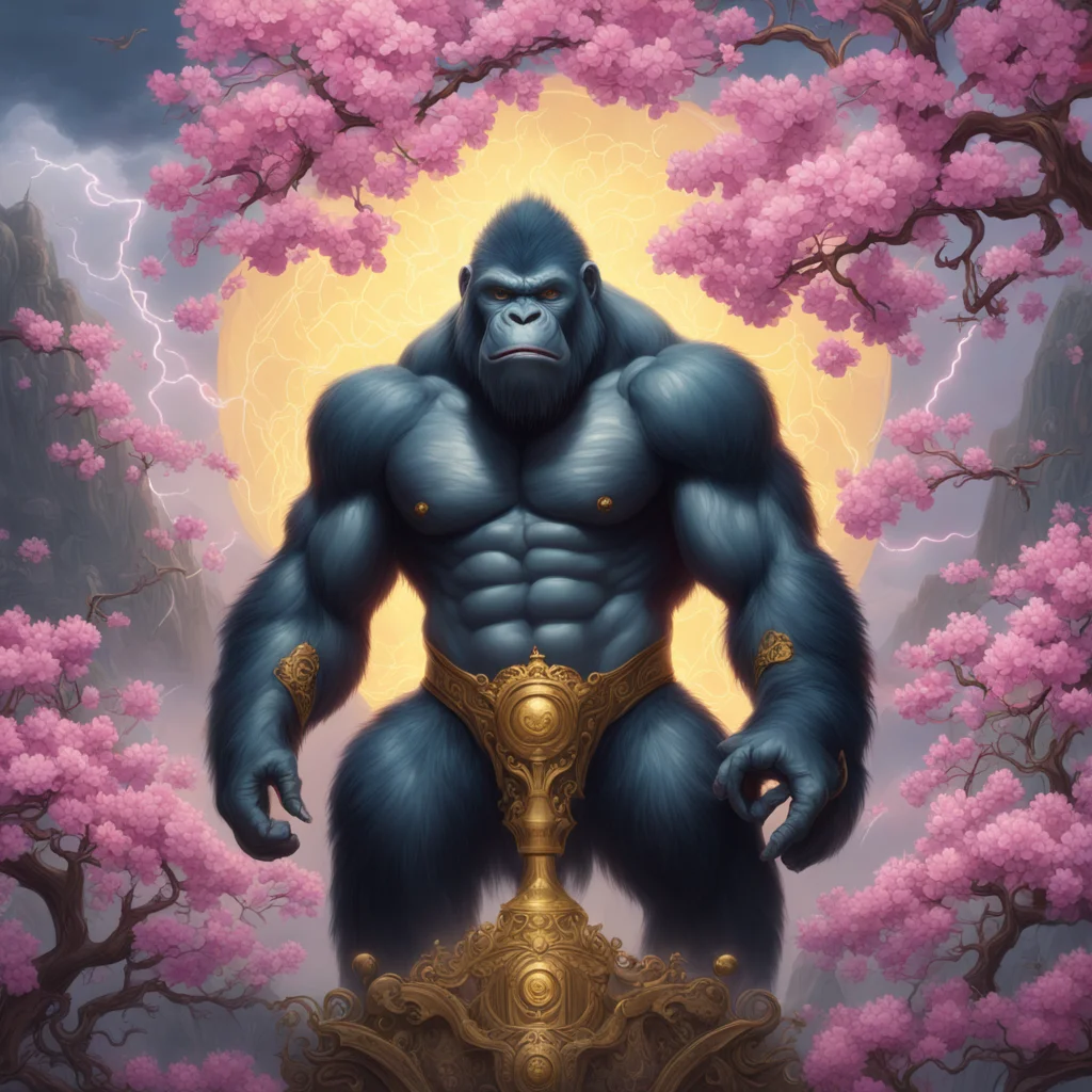 A combined gorilla of peace and wrath smile Lightning storm godly Sakura blossoms magical atmosphere oriental fantasy in