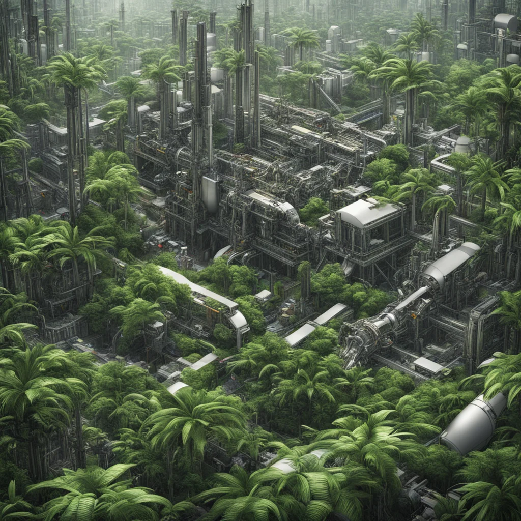A complex technological jungle with machine plants