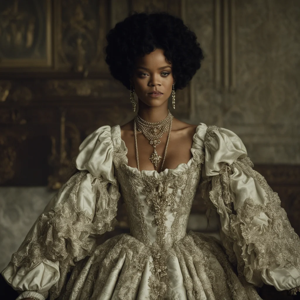 A computer screen grab of a 16mm film still of Rihanna wearing 17th century French garb