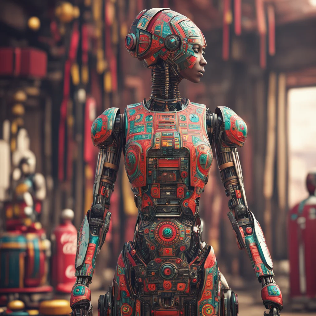 A concept design of a robot droid african tribal pattern dress coca cola drum machine octane render high detailed hyper 