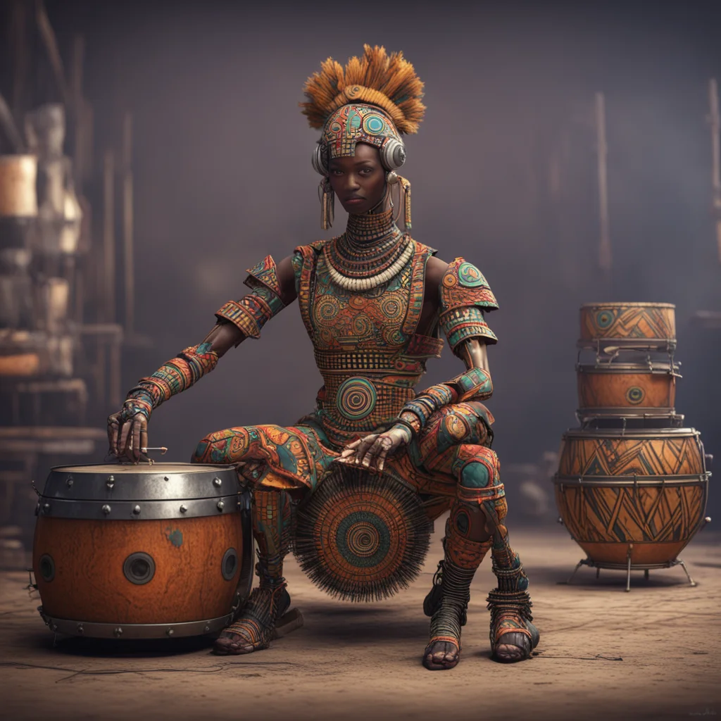 A concept design of a robot droid african tribal pattern dress drummer sitting on a drummachine with snare hihat and bas