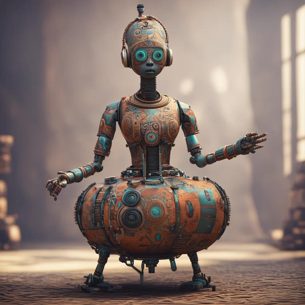 A concept design of a robot droid african tribal pattern dress holding a drumstick sitting on a drummachine octane rende