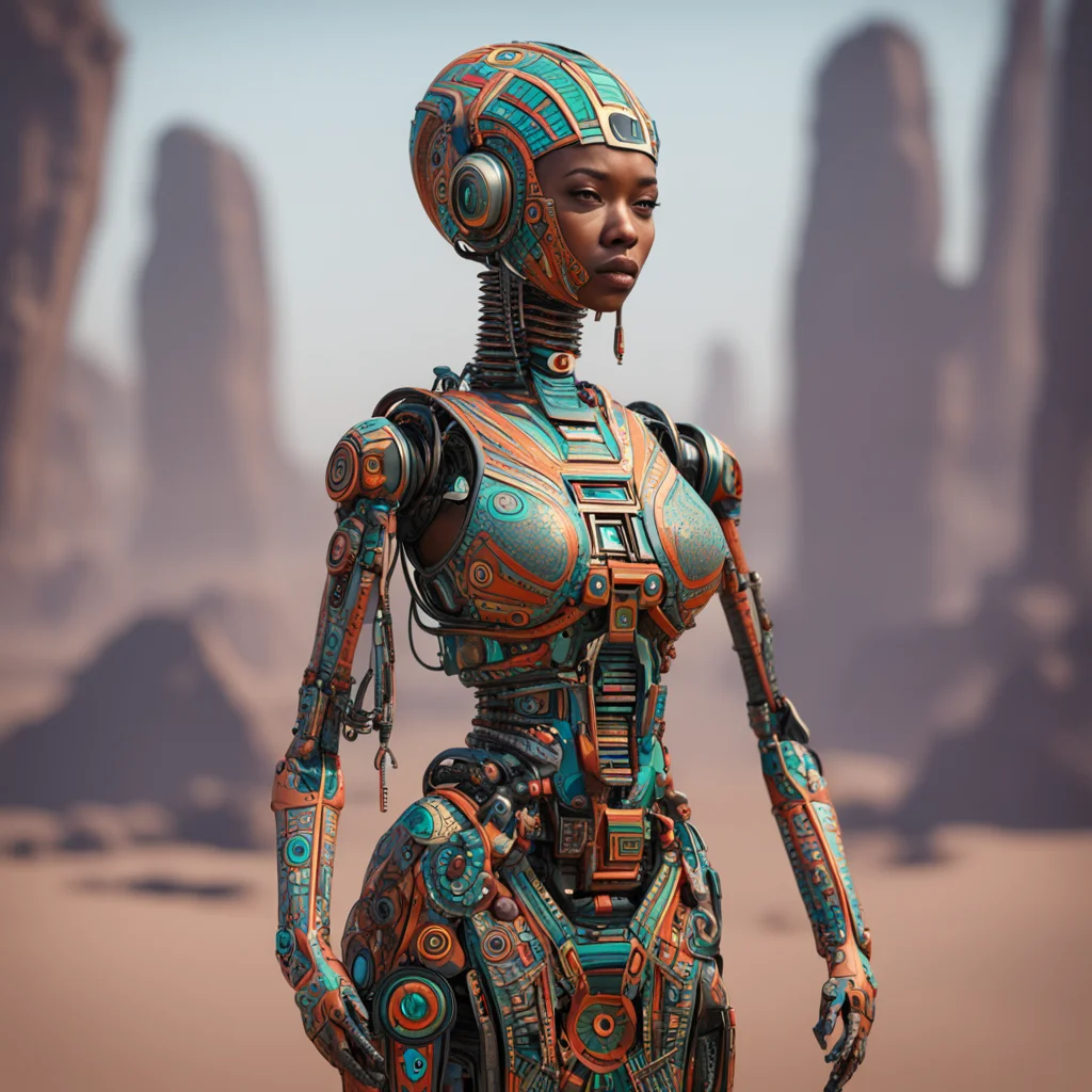 A concept design of a robot droid african tribal pattern dress octane render high detailed hyper realistic cinematic epi