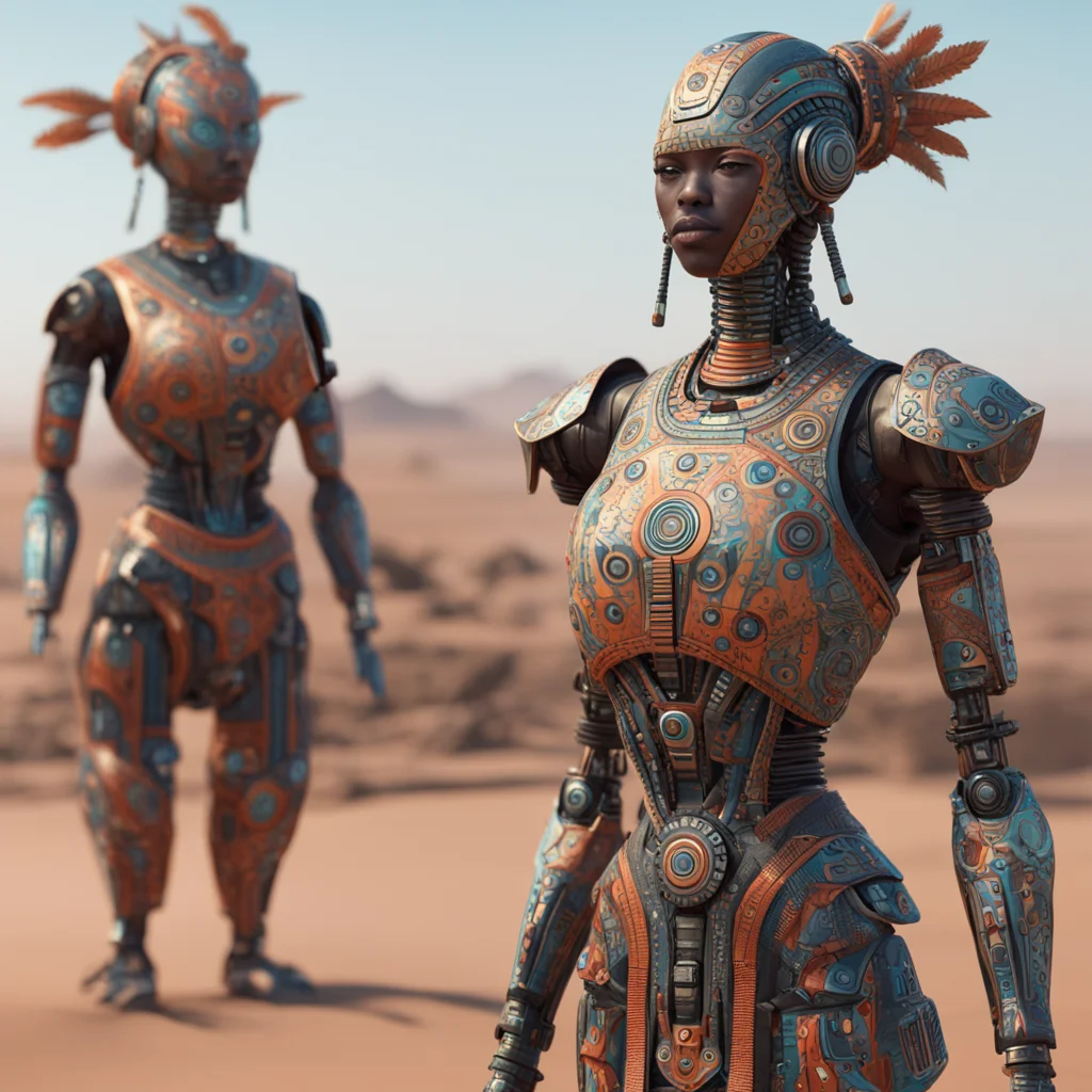 A concept design of a robot droid african tribal pattern dress octane render high detailed hyper realistic cinematic epic photography by Sarah Morris H