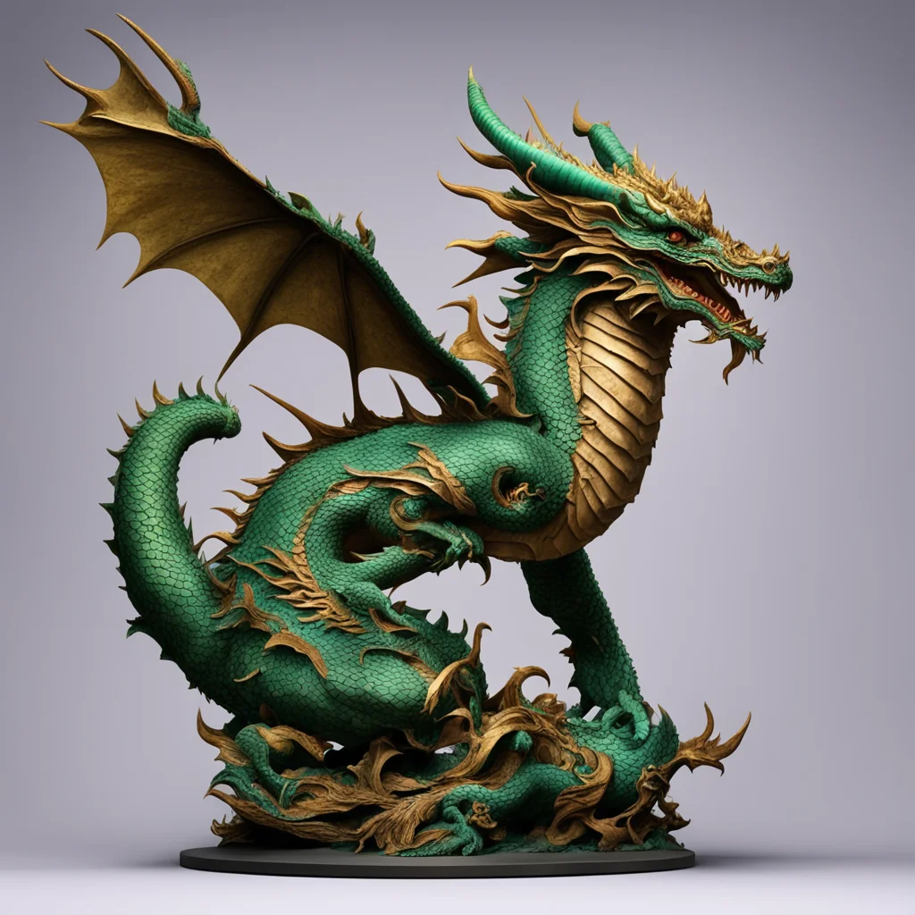 A concept of a fantasy animal sculpture made from Chinese sculptures of dragons wings fish and bronzes