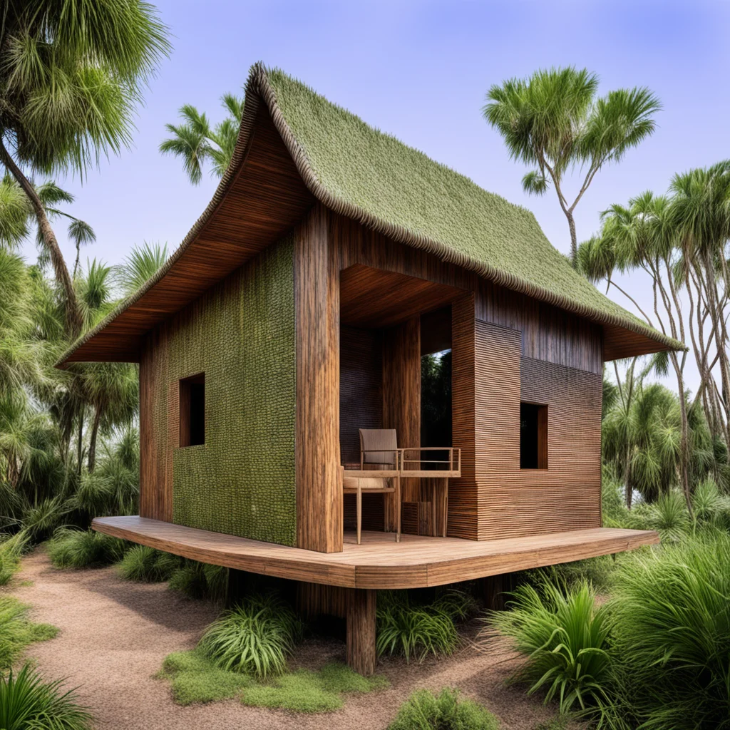 A contemporary chickee hut built from melaleuca and Australian pine clad in iguana and python skin