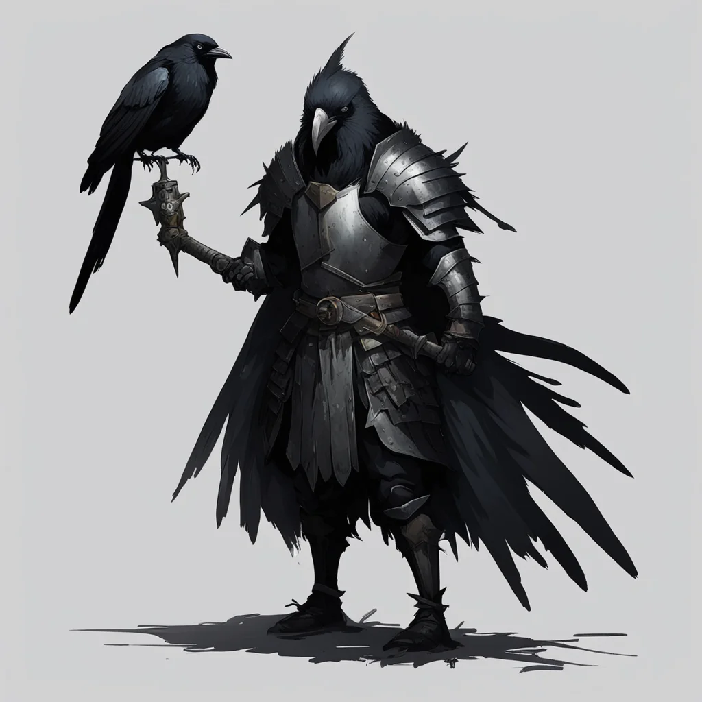 A crow person in a crow armour with a crow sword concept art