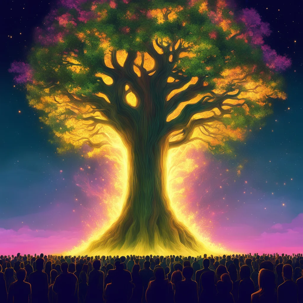 A crowd looking at a huge glowing tree digital art