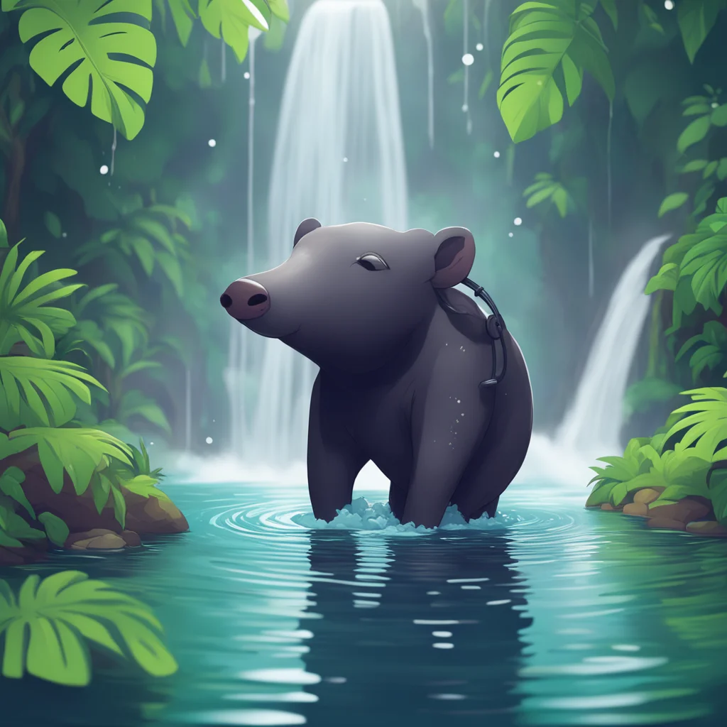 A cute tapir with headphones bathing in a waterfall in the middle of the jungle ine linework concept art Illustration ca