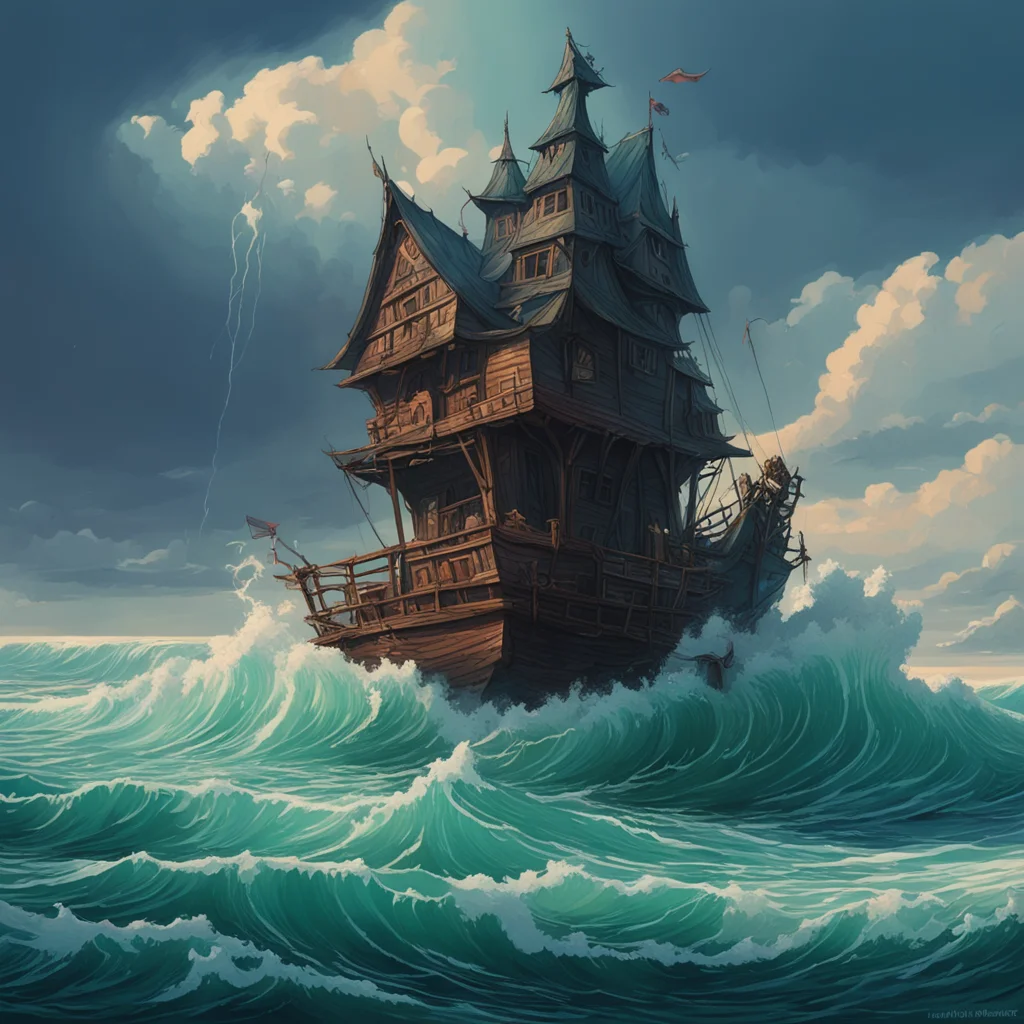 A cute tiny fantasy raft house floating by unwittingly as a giant black wall of waves tower above curling over to crash 